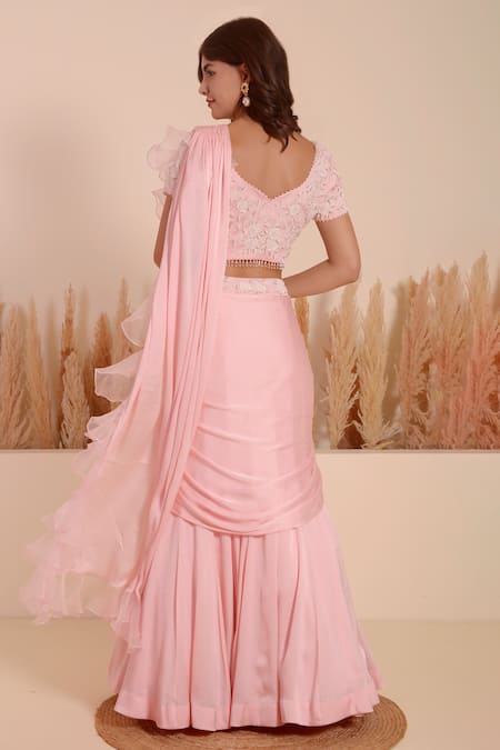 Shop_Surabhi Arya_Pink Crepe Sequins, Misty Pearl Bloom Embellished Lehenga Saree With Blouse _at_Aza_Fashions