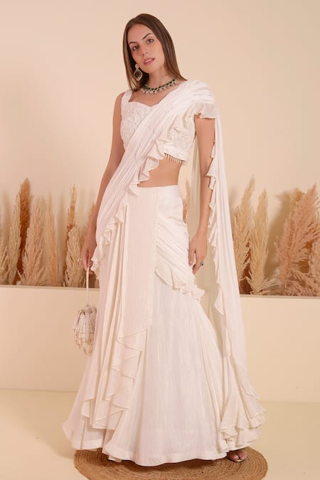 Surabhi Arya Ivory Lehenga Saree Georgette Moti Mystic Pearl Embellished With Blouse