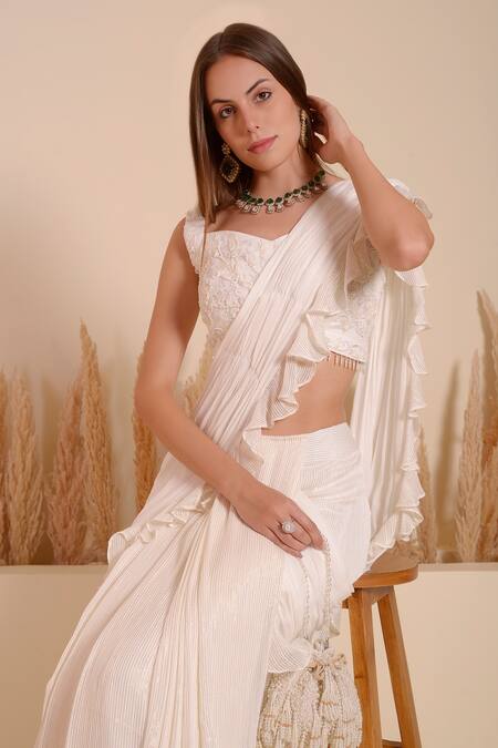 Surabhi Arya_Ivory Crepe Embroidery Mystic Pearl Embellished Lehenga Saree With Blouse _Online_at_Aza_Fashions