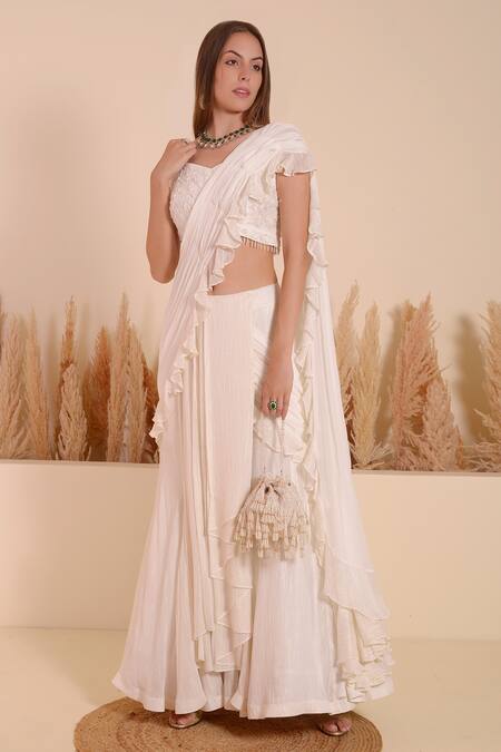 Buy_Surabhi Arya_Ivory Crepe Embroidery Mystic Pearl Embellished Lehenga Saree With Blouse _Online_at_Aza_Fashions