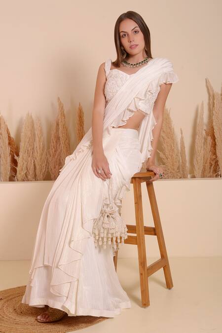 Shop_Surabhi Arya_Ivory Crepe Embroidery Mystic Pearl Embellished Lehenga Saree With Blouse _Online_at_Aza_Fashions