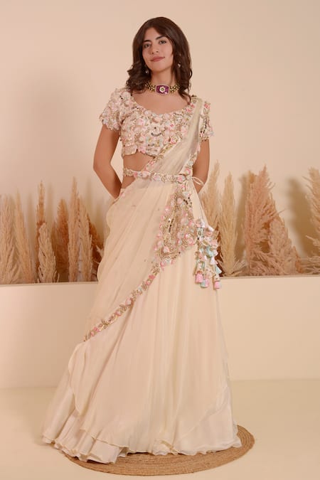 Surabhi Arya_White Crepe, Organza Sequins, Petunia Bloom Embellished Blouse Lehenga Set _Online_at_Aza_Fashions