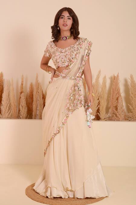 Shop_Surabhi Arya_White Crepe, Organza Sequins, Petunia Bloom Embellished Blouse Lehenga Set _Online_at_Aza_Fashions
