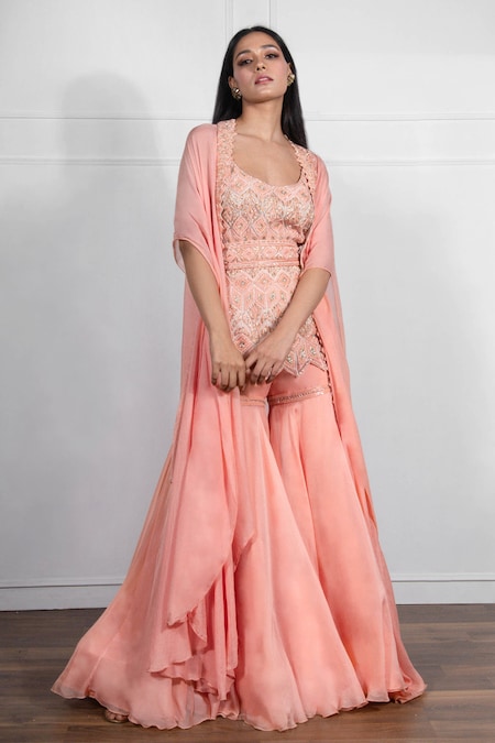 Ritika Mirchandani Peach Crepe Silk Kurta Round Jacket Open Embroidered And Sharara Set 