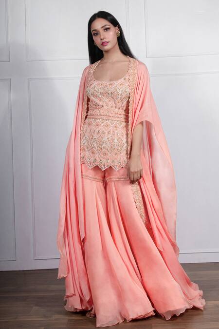 Shop_Ritika Mirchandani_Peach Net, Crepe Silk Kurta Round Jacket Open Embroidered And Sharara Set _at_Aza_Fashions