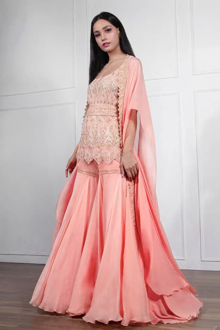 Buy_Ritika Mirchandani_Peach Net, Crepe Silk Kurta Round Jacket Open Embroidered And Sharara Set 