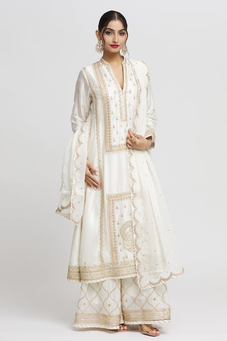 Gopi Vaid White Kurta And Sharara - Tussar Embroidered Floral Band V Neck Asma Set 