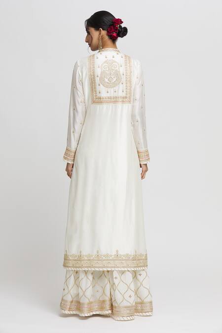 Shop Gopi Vaid White Tussar, Chiffon Embroidery Bandeau Neck Asma Kurta Sharara Set at Aza Fashions Shop_Gopi Vaid_White Tussar, Chiffon Embroidery Bandeau Neck Asma Kurta Sharara Set_at_Aza_Fashions