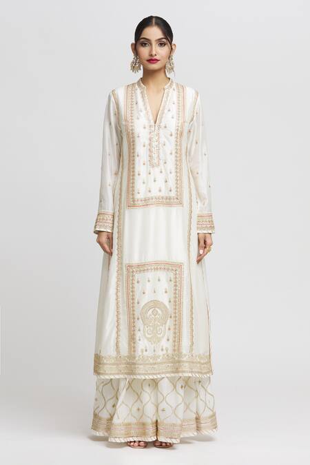 Gopi Vaid White Tussar, Chiffon Embroidery Bandeau Neck Asma Kurta Sharara Set Online at Aza Fashions Gopi Vaid_White Tussar, Chiffon Embroidery Bandeau Neck Asma Kurta Sharara Set_Online_at_Aza_Fashions