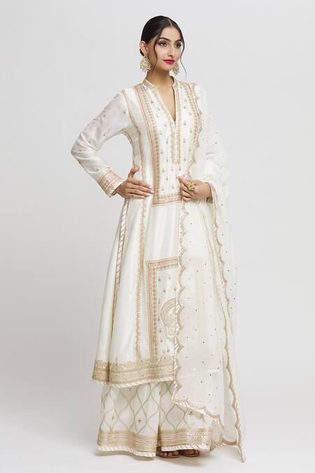 Shop Gopi Vaid White Tussar, Chiffon Embroidery Bandeau Neck Asma Kurta Sharara Set Online at Aza Fashions Shop_Gopi Vaid_White Tussar, Chiffon Embroidery Bandeau Neck Asma Kurta Sharara Set_Online_at_Aza_Fashions