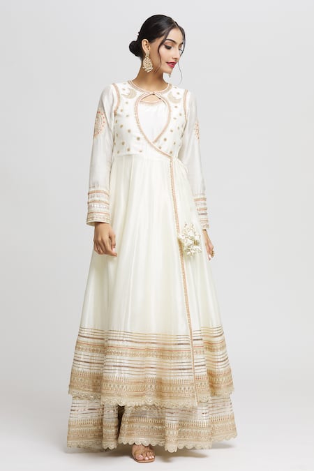 Buy_Gopi Vaid_White Tussar Embroidered Floral Round Meera Angarkha Anarkali  _Online_at_Aza_Fashions