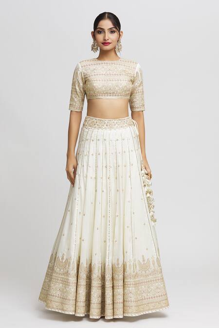 Gopi Vaid_White Tussar, Organza Embroidery Crew Neck Naima Bridal Lehenga Set _Online_at_Aza_Fashions