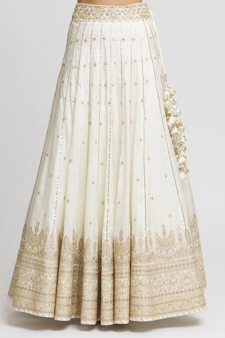 Gopi Vaid_White Tussar, Organza Embroidery Crew Neck Naima Bridal Lehenga Set _at_Aza_Fashions