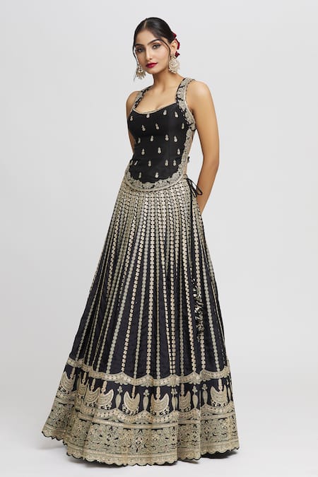 Buy_Gopi Vaid_Black Tussar Embroidery Scoop Neck Kriti Top And Victorian Skirt Set _Online_at_Aza_Fashions