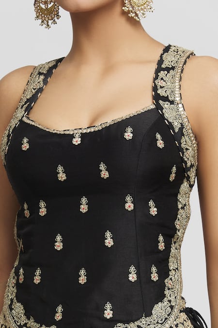 Shop_Gopi Vaid_Black Tussar Embroidery Scoop Neck Kriti Top And Victorian Skirt Set _Online_at_Aza_Fashions