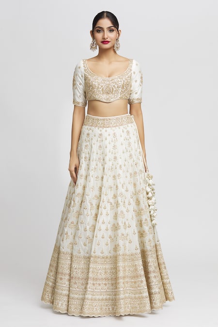 Gopi Vaid_White Tussar, Organza Zari, Embroidery Shahi Embellished Bridal Lehenga Set _Online_at_Aza_Fashions
