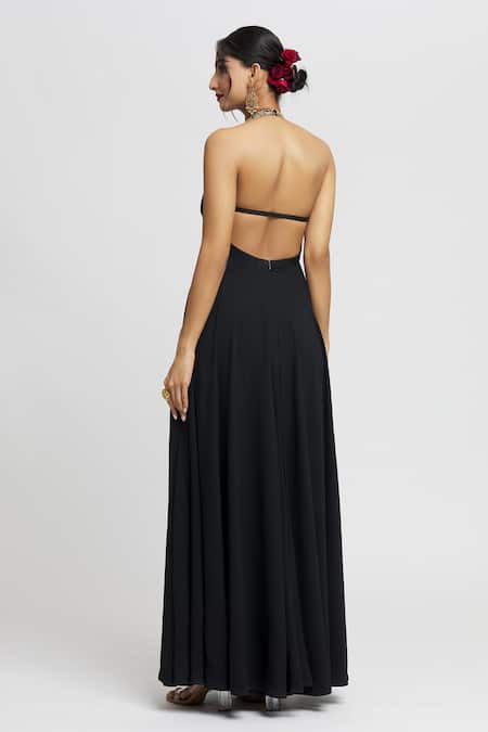 Shop_Gopi Vaid_Black Tussar Sequins, Embroidery Bandeau Neck Fana Floral Bodice Gown _at_Aza_Fashions