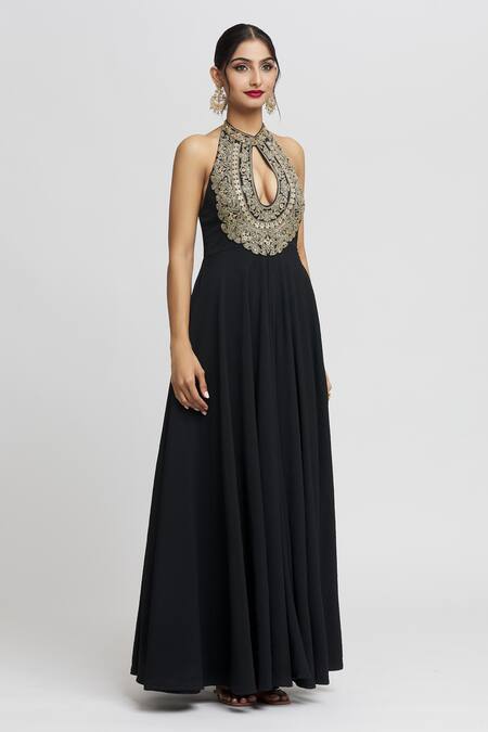 Gopi Vaid_Black Tussar Sequins, Embroidery Bandeau Neck Fana Floral Bodice Gown _Online_at_Aza_Fashions