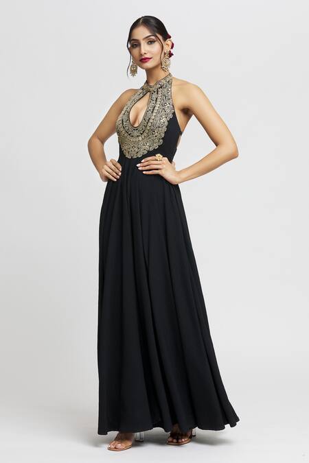 Buy_Gopi Vaid_Black Tussar Sequins, Embroidery Bandeau Neck Fana Floral Bodice Gown _Online_at_Aza_Fashions