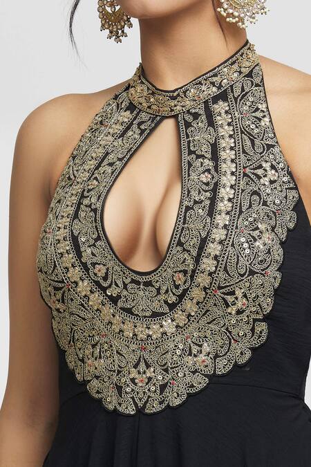 Shop_Gopi Vaid_Black Tussar Sequins, Embroidery Bandeau Neck Fana Floral Bodice Gown _Online_at_Aza_Fashions