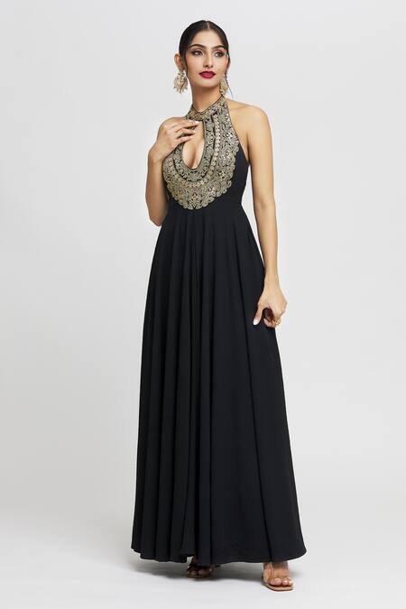 Gopi Vaid_Black Tussar Sequins, Embroidery Bandeau Neck Fana Floral Bodice Gown _at_Aza_Fashions