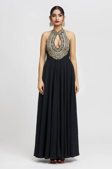 Buy_Gopi Vaid_Black Tussar Sequins, Embroidery Bandeau Neck Fana Floral Bodice Gown 