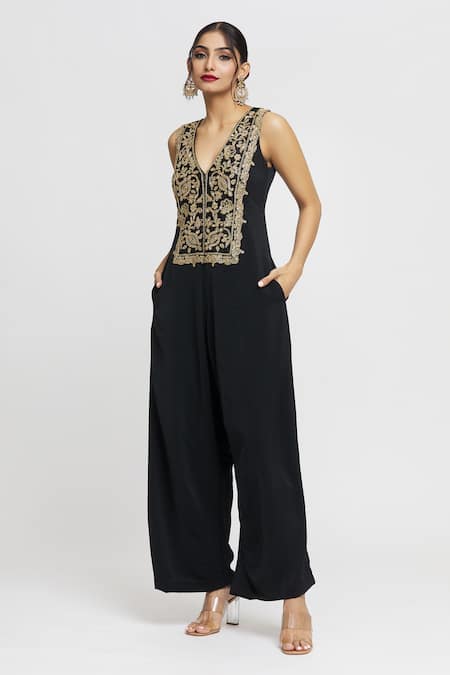Buy Gopi Vaid Black Velvet Sequins Plunge Neck Seher Embroidered Bodice Jumpsuit Online at Aza Fashions Buy_Gopi Vaid_Black Velvet Sequins Plunge Neck Seher Embroidered Bodice Jumpsuit _Online_at_Aza_Fashions