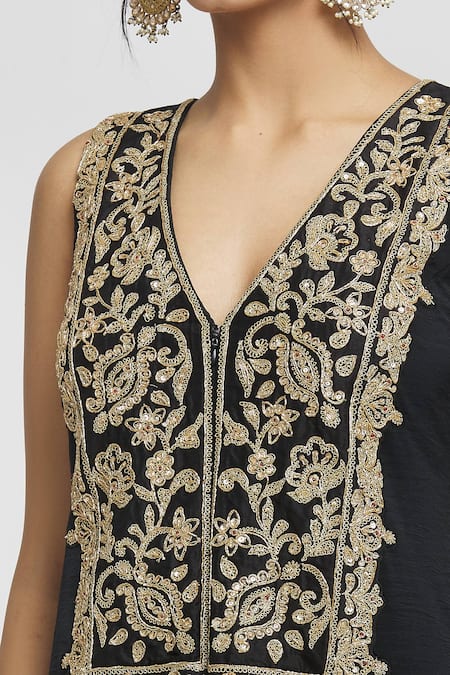 Shop Gopi Vaid Black Velvet Sequins Plunge Neck Seher Embroidered Bodice Jumpsuit Online at Aza Fashions Shop_Gopi Vaid_Black Velvet Sequins Plunge Neck Seher Embroidered Bodice Jumpsuit _Online_at_Aza_Fashions