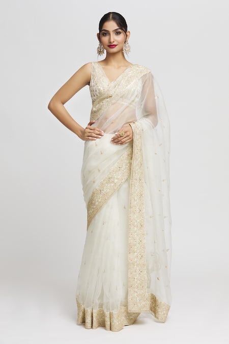 Gopi Vaid White Saree - Organza Embroidered Floral Plunged V Maahi With Blouse 