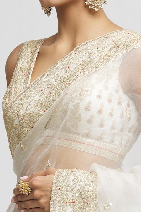Gopi Vaid_White Organza, Tussar Embroidery Plunge Neck Maahi Saree With Blouse _Online_at_Aza_Fashions