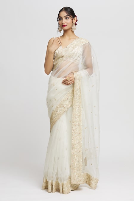 Buy_Gopi Vaid_White Organza, Tussar Embroidery Plunge Neck Maahi Saree With Blouse _Online_at_Aza_Fashions