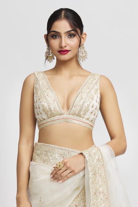 Gopi Vaid_White Organza, Tussar Embroidery Plunge Neck Maahi Saree With Blouse _at_Aza_Fashions