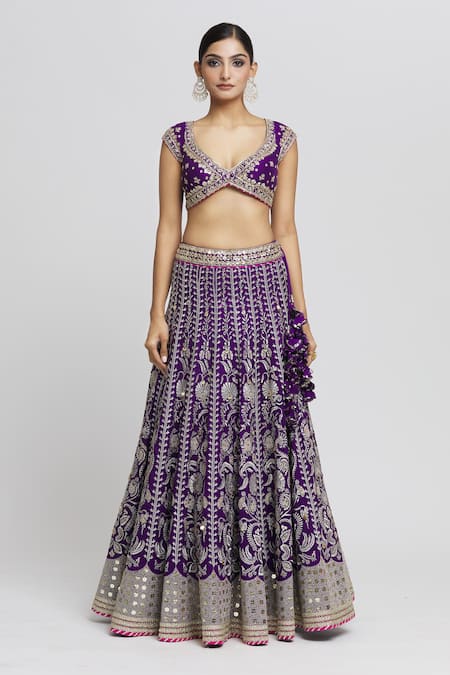 Gopi Vaid_Purple Tussar, Organza Embroidery, Sequins Sacchi Woven Pattern Lehenga Set _Online_at_Aza_Fashions