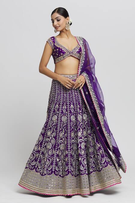 Buy_Gopi Vaid_Purple Tussar, Organza Embroidery, Sequins Sacchi Woven Pattern Lehenga Set _Online_at_Aza_Fashions