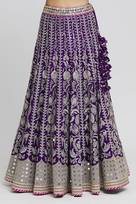Gopi Vaid_Purple Tussar, Organza Embroidery, Sequins Sacchi Woven Pattern Lehenga Set _at_Aza_Fashions