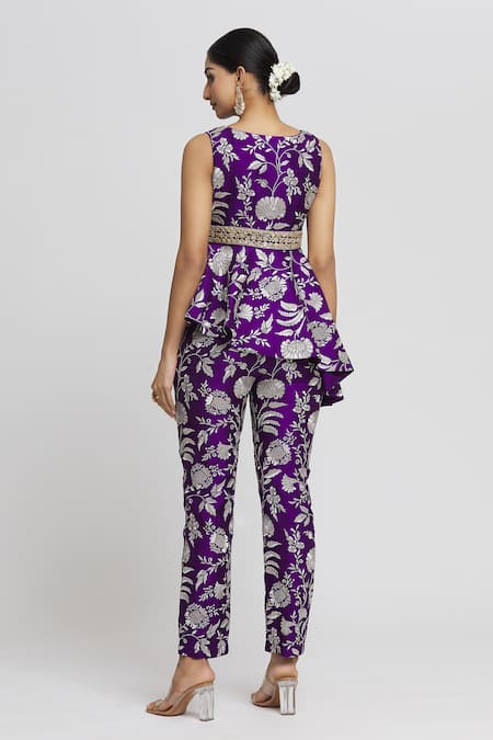 Shop_Gopi Vaid_Purple Tussar Embroidery V-neck Floral Pattern Peplum Top And Pant Set _at_Aza_Fashions