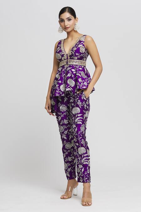 Gopi Vaid_Purple Tussar Embroidery V-neck Floral Pattern Peplum Top And Pant Set _Online_at_Aza_Fashions