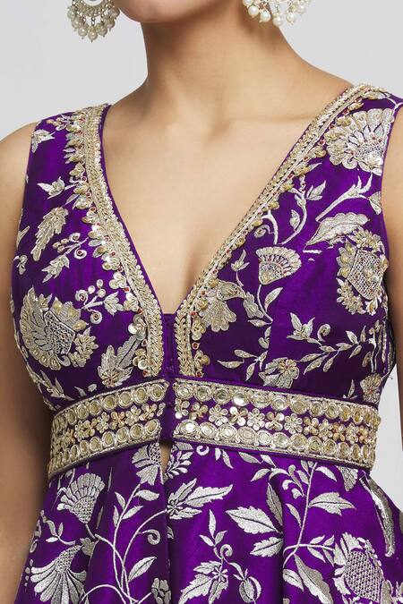 Buy_Gopi Vaid_Purple Tussar Embroidery V-neck Floral Pattern Peplum Top And Pant Set _Online_at_Aza_Fashions