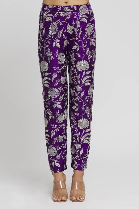 Shop_Gopi Vaid_Purple Tussar Embroidery V-neck Floral Pattern Peplum Top And Pant Set _Online_at_Aza_Fashions