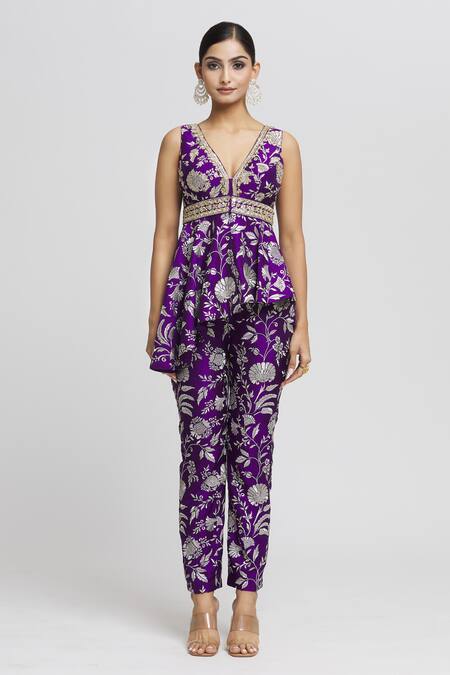 Gopi Vaid_Purple Tussar Embroidery V-neck Floral Pattern Peplum Top And Pant Set _at_Aza_Fashions