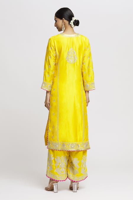 Shop Gopi Vaid Yellow Tussar, Organza Embroidery Split V-neck Amaya Kurta Palazzo Set at Aza Fashions Shop_Gopi Vaid_Yellow Tussar, Organza Embroidery Split V-neck Amaya Kurta Palazzo Set _at_Aza_Fashions