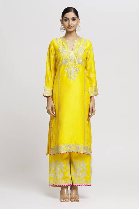 Gopi Vaid Yellow Tussar, Organza Embroidery Split V-neck Amaya Kurta Palazzo Set Online at Aza Fashions Gopi Vaid_Yellow Tussar, Organza Embroidery Split V-neck Amaya Kurta Palazzo Set _Online_at_Aza_Fashions