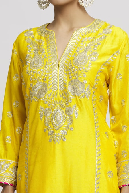 Buy Gopi Vaid Yellow Tussar, Organza Embroidery Split V-neck Amaya Kurta Palazzo Set Online at Aza Fashions Buy_Gopi Vaid_Yellow Tussar, Organza Embroidery Split V-neck Amaya Kurta Palazzo Set _Online_at_Aza_Fashions