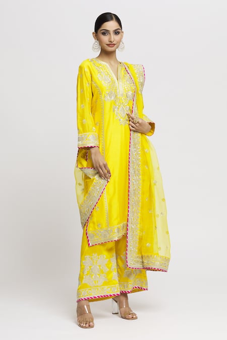 Shop Gopi Vaid Yellow Tussar, Organza Embroidery Split V-neck Amaya Kurta Palazzo Set Online at Aza Fashions Shop_Gopi Vaid_Yellow Tussar, Organza Embroidery Split V-neck Amaya Kurta Palazzo Set _Online_at_Aza_Fashions