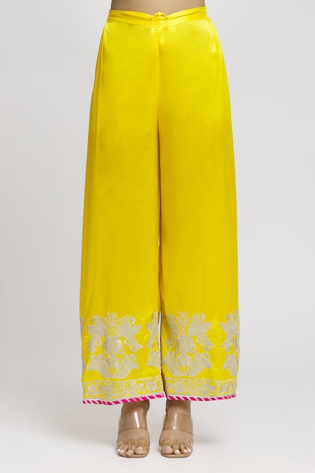 Gopi Vaid Yellow Tussar, Organza Embroidery Split V-neck Amaya Kurta Palazzo Set at Aza Fashions Gopi Vaid_Yellow Tussar, Organza Embroidery Split V-neck Amaya Kurta Palazzo Set _at_Aza_Fashions