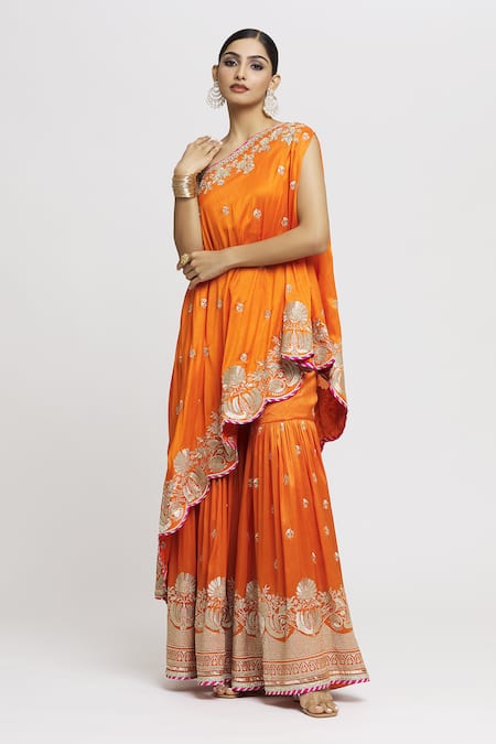 Gopi Vaid Orange Tussar Embroidered Floral One Aashna Top And Sharara Set 