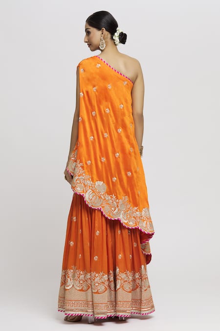 Shop Gopi Vaid Orange Tussar Embroidery One Shoulder Aashna Top And Sharara Set at Aza Fashions Shop_Gopi Vaid_Orange Tussar Embroidery One Shoulder Aashna Top And Sharara Set _at_Aza_Fashions