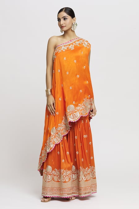 Gopi Vaid Orange Tussar Embroidery One Shoulder Aashna Top And Sharara Set Online at Aza Fashions Gopi Vaid_Orange Tussar Embroidery One Shoulder Aashna Top And Sharara Set _Online_at_Aza_Fashions