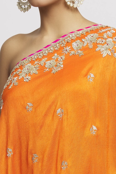 Buy Gopi Vaid Orange Tussar Embroidery One Shoulder Aashna Top And Sharara Set Online at Aza Fashions Buy_Gopi Vaid_Orange Tussar Embroidery One Shoulder Aashna Top And Sharara Set _Online_at_Aza_Fashions