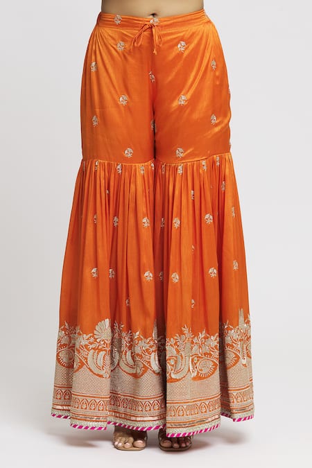 Shop Gopi Vaid Orange Tussar Embroidery One Shoulder Aashna Top And Sharara Set Online at Aza Fashions Shop_Gopi Vaid_Orange Tussar Embroidery One Shoulder Aashna Top And Sharara Set _Online_at_Aza_Fashions
